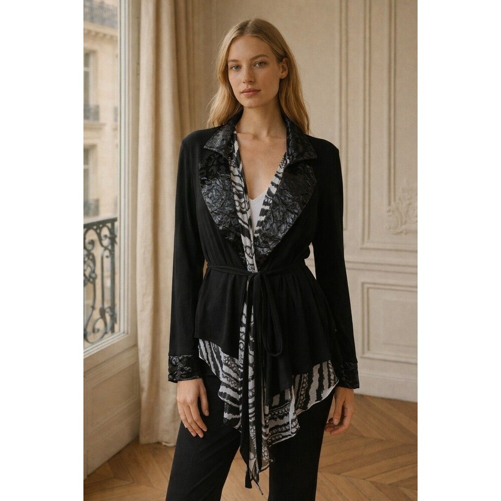 Alberto Makali Women's Black White Open Front Cardigan Jacket Belted Size L